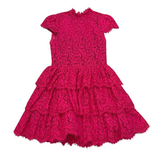 Alice and Olivia Fuschia Pink Lace Mock Neckk dress ruffled tiered mini cotton 6 - Picture 3 of 9